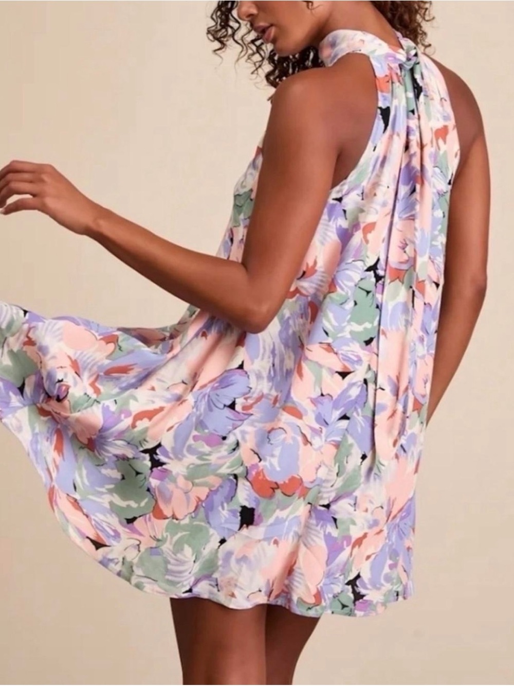 Lulu’s “Tied to You” Floral Tie Neck Halter Summer Party Mini Swing Dress Sz L - Picture 1 of 6